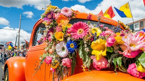 Vintage car decked out with flowers and regional flags for a parade