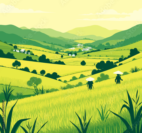 Green Rice Fields with Farmers and Mountain Backdrop