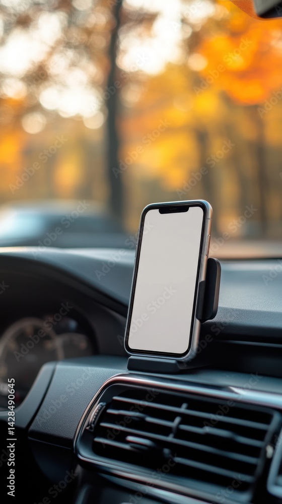 Obraz premium Blank screen mobile phone in man's hand while driving (Mockup for navigation app). Smartphone in Car Mount with Autumn Background
