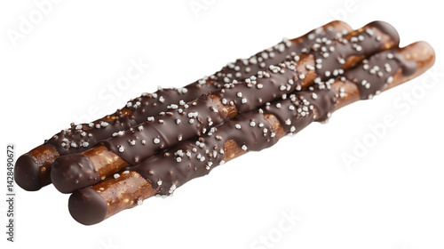 Three pretzel rods coated in melted dark chocolate and sea salt.
