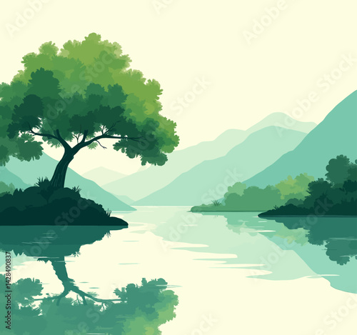 Green tree reflected in still lake, mountain backdrop