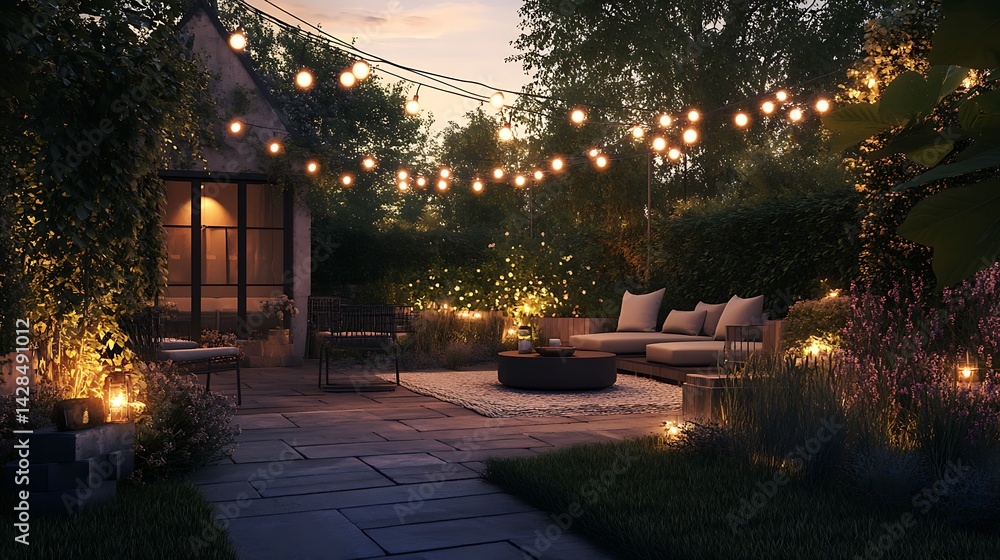 Fototapeta premium A charming outdoor patio area illuminated by string lights at twilight.