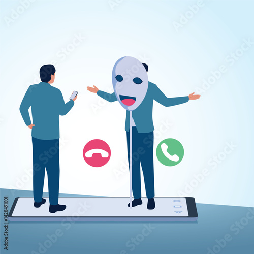 A man picks up a call from a caller wearing a mask. A metaphorical illustration of fake phone calls, fraud and blackmail.