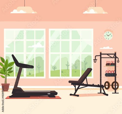 Home Gym with Treadmill, Weights, and Desert View