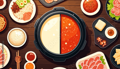 Hot Pot Feast with Two Broths on Wooden Table