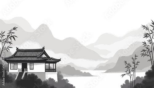 Ink Wash Painting of a Traditional Chinese House by a Lake