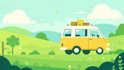 Illustrated Yellow Van with Luggage on Green Hills