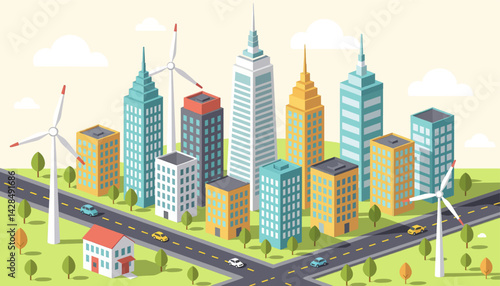 Isometric city with wind turbines and colorful buildings