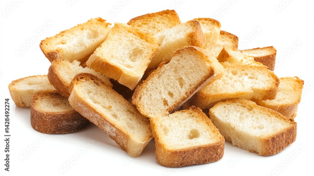 Pile of Small Bread Croutons Isolated on White Background for Food Pile of Small Bread Croutons Isolated on White Background for Food