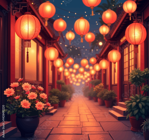 Lantern-lit Asian street with flowers at night