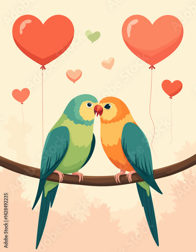 Lovebird Pair with Heart Balloons on Branch