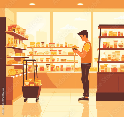 Man reads label in orange-toned grocery store aisle