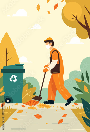 Masked worker sweeps autumn leaves, recycling bin nearby