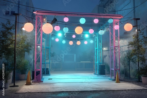 Colorful outdoor stage with decorative lights set for a lively evening event in a city alley