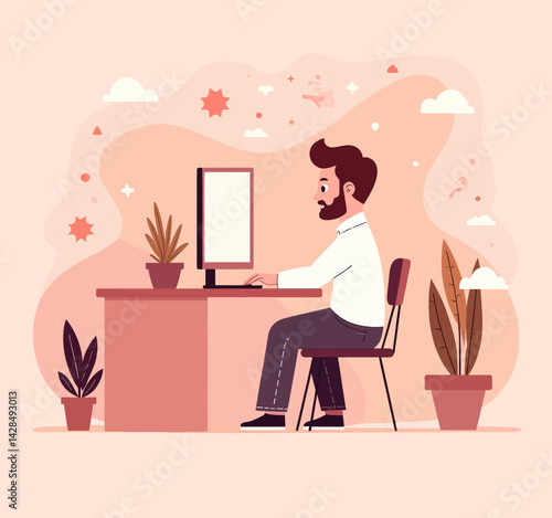 Man works at computer in peach-toned office illustration