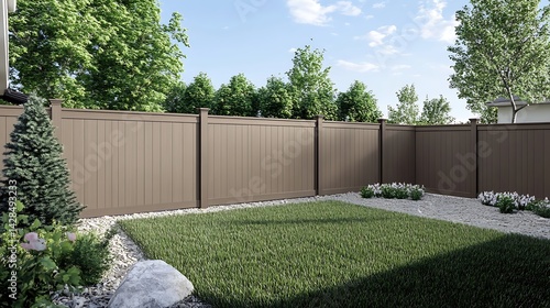 Residential backyard scene with a contemporary brown vinyl fence.