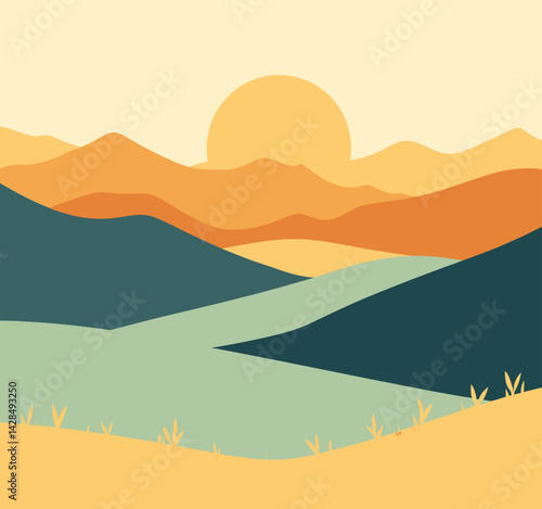 Minimalist Landscape with Rising Sun and Rolling Hills