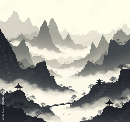 Monochrome Mountainscape with Pagodas and Bridge