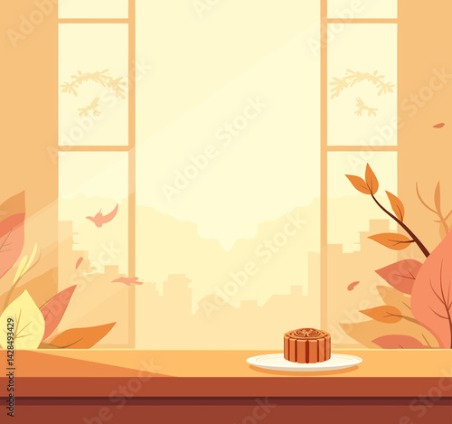 Mooncake by Window, Autumnal City View