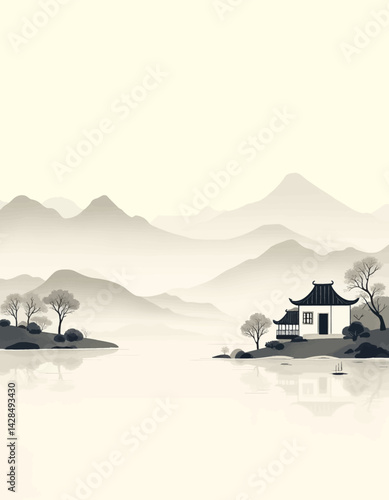 Monochrome Asian house by lake with mountain backdrop