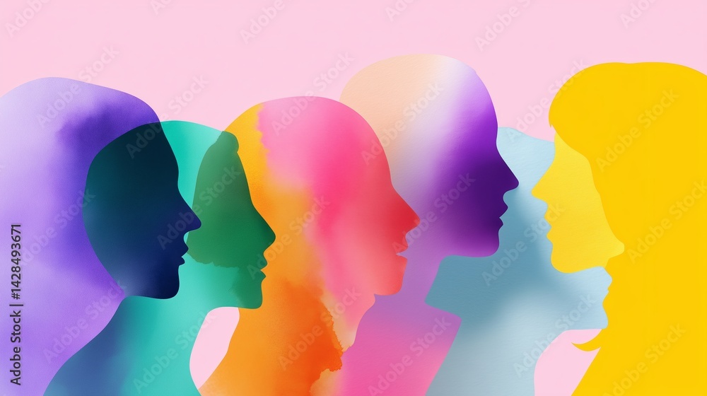 Silhouettes of diverse women in colorful hues expressing unity and strength against a soft background Silhouettes of diverse women in colorful hues expressing unity and strength against a soft background