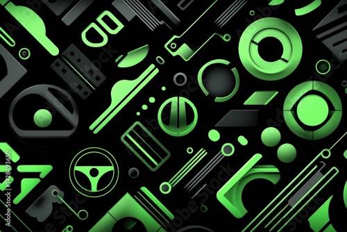 Obraz na płótnie Abstract Geometric Shapes in Vivid Green and Black Background Design w salonie