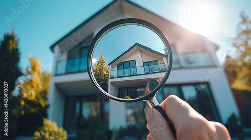 A woman's hand holds a magnifying glass aimed at a luxury private house in the suburbs. The concept of buying, renting, evaluating and real estate services