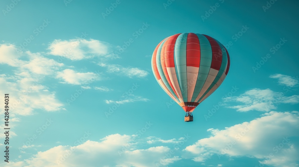 Naklejka premium Colorful hot air balloon soaring in a vibrant, clear sky filled with fluffy clouds
