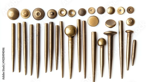 Arrangement of Antique Brass Fasteners Rivets and Caps for Leatherworking Projects