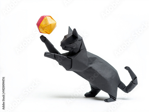 Origami Black Cat Playing With Orange Paper Ball On White Background