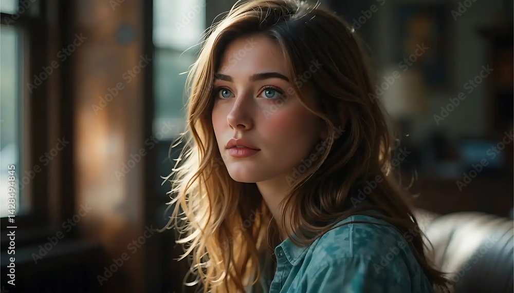 Pensive Woman Looking Away by Window with Natural Light Indoors Pensive Woman Looking Away by Window with Natural Light Indoors