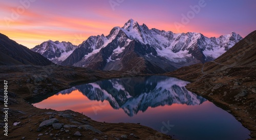 Wallpaper Mural Snowy Mountains Reflecting in Lake at Stunning Sunset Scenery Torontodigital.ca