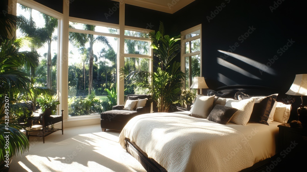 Fototapeta premium Peaceful bedroom with navy blue accent walls and soft cream furniture.