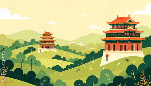 Pagodas in a green, hilly landscape with a yellow sky