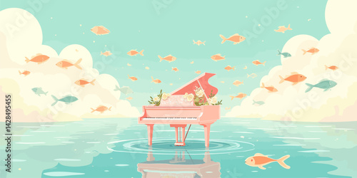 Pastel Dreamscape: Floral Piano, Swimming Fish, Sky Reflection