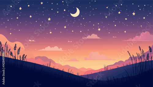 Pastel Sky, Crescent Moon, Stars, and Hills Landscape