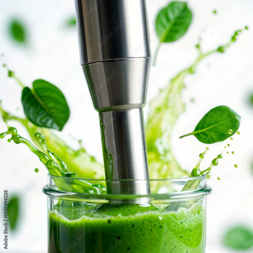 Green smoothie preparation. Close-up shot of blender mixing green smoothie with splash and leaves.