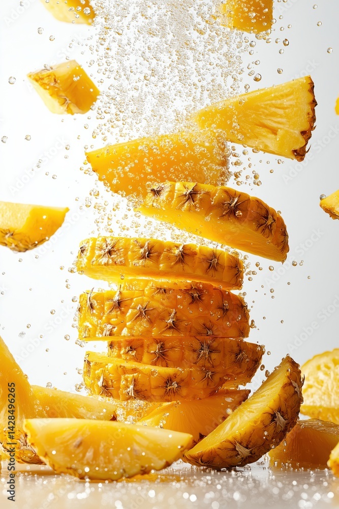 Juicy pineapple slices suspended in sparkling water on white background, tropical fruit freshness concept
