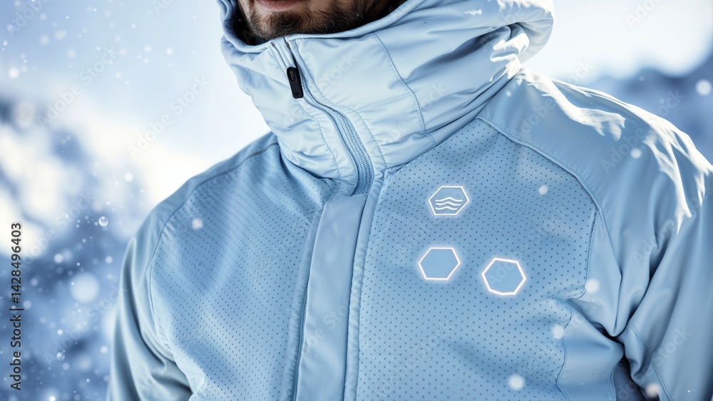 Smart winter jacket. Close-up of light blue high-tech winter jacket with illuminated hexagonal indicators in snowy conditions.