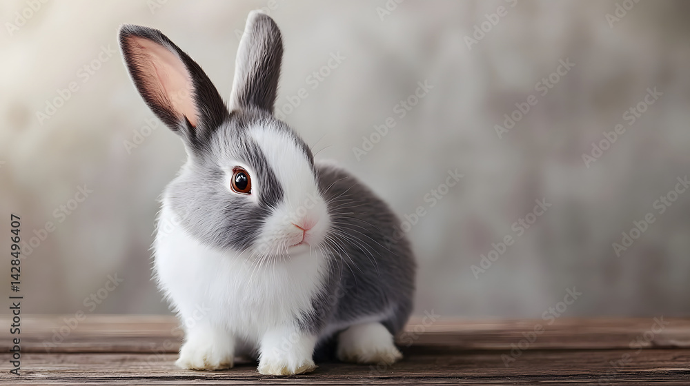 Obraz premium A gray and white rabbit is sitting on a wooden table. Generated using AI.