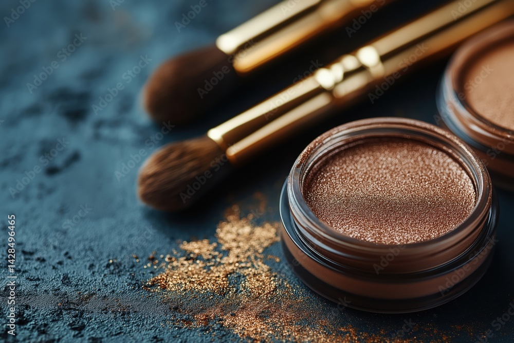 Shimmering brown makeup product and brushes on dark textured background, beauty and cosmetics concept