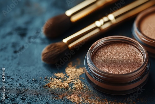 Obraz na płótnie Shimmering brown makeup product and brushes on dark textured background, beauty and cosmetics concept w salonie