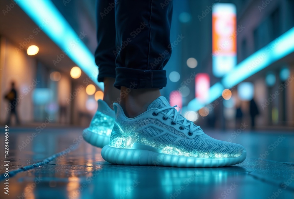 Glowing blue sneakers. Person wearing illuminated cyan sneakers with LED lights on wet city street at night with neon lights in background.