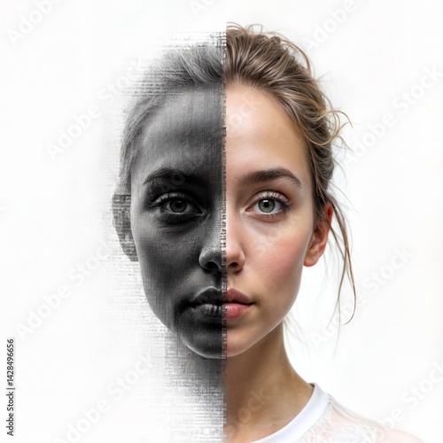 Obraz na płótnie Artistic duality portrait. Creative split image showing half woman's face in color and half in black and white sketch effect, representing contrast and duality. w salonie