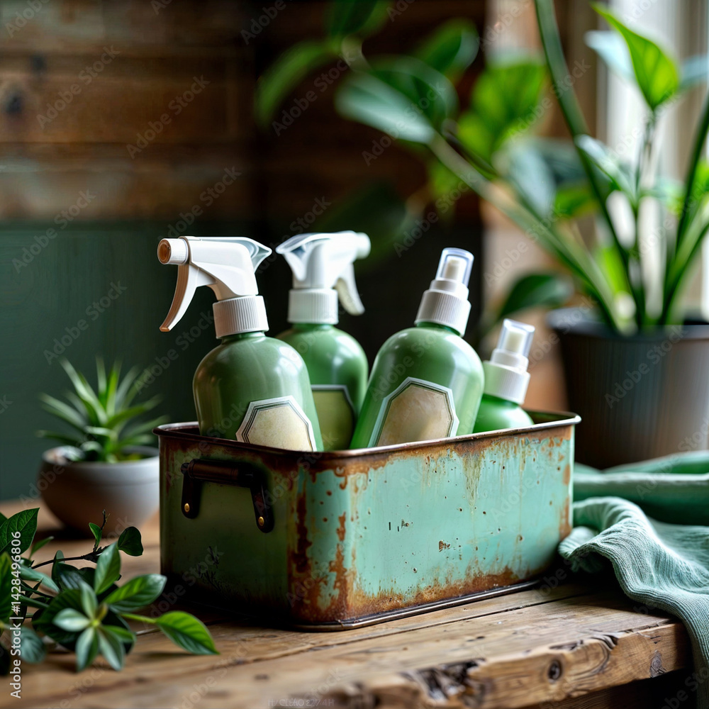 Cleaning Supplies Still Life. Rustic metal box filled with green spray bottles on a wooden table with plants in background.