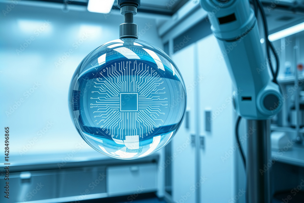 Robotic AI Sphere. A futuristic blue-lit sphere with circuitry design, held by a robotic arm in a laboratory setting, symbolizing artificial intelligence.