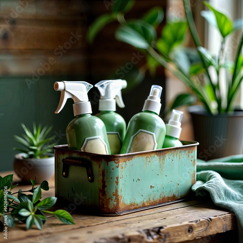 Obraz na płótnie Cleaning Supplies Still Life. Rustic metal box filled with green spray bottles on a wooden table with plants in background. w salonie