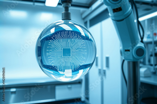 Obraz na płótnie Robotic AI Sphere. A futuristic blue-lit sphere with circuitry design, held by a robotic arm in a laboratory setting, symbolizing artificial intelligence. w salonie