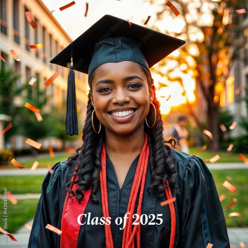 Graduation celebration. Young woman in cap and gown smiling with confetti falling around her, wearing graduation attire with