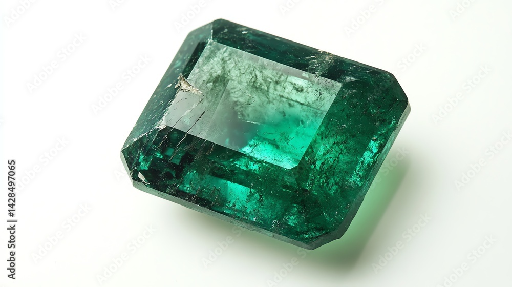 Examining Emerald Gemstone Sparkling with Green Color Against White Background Examining Emerald Gemstone Sparkling with Green Color Against White Background